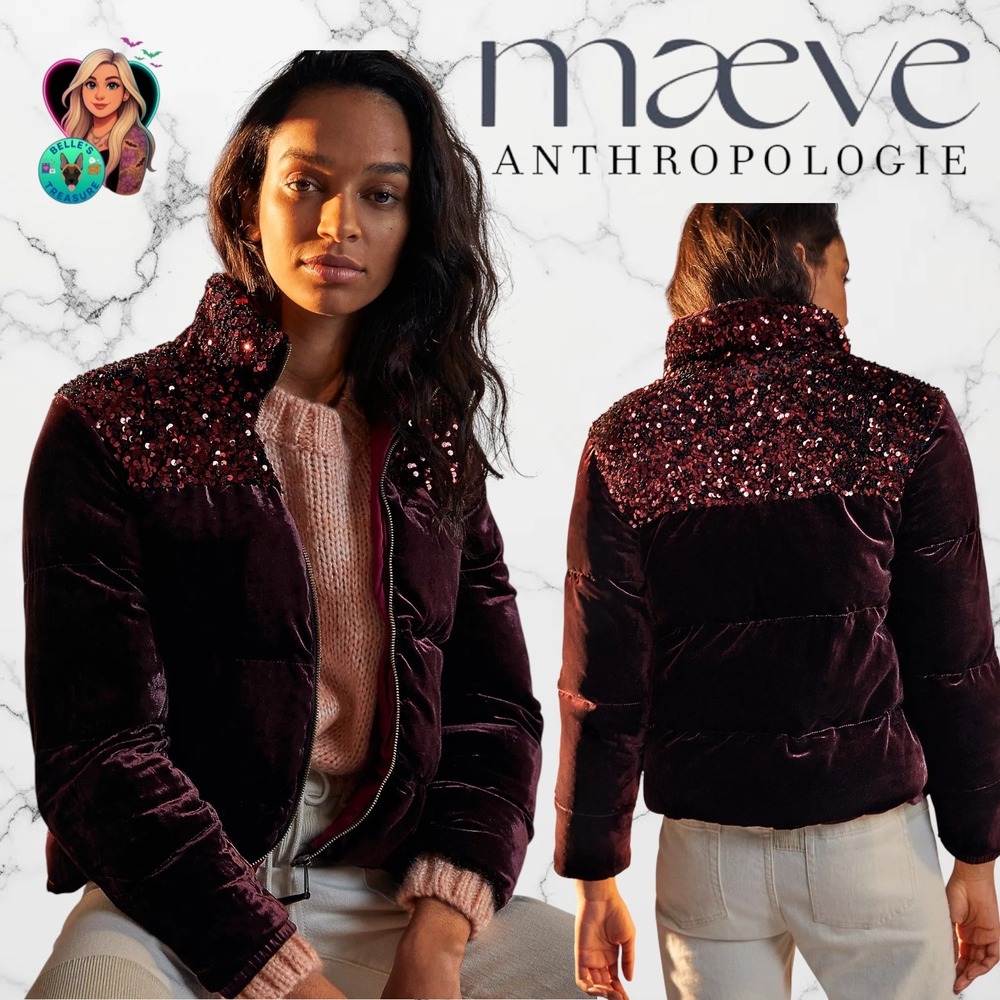 Anthropologie Maeve Vera Sequined Velvet Puffer Jacket Women's Small Wine Red